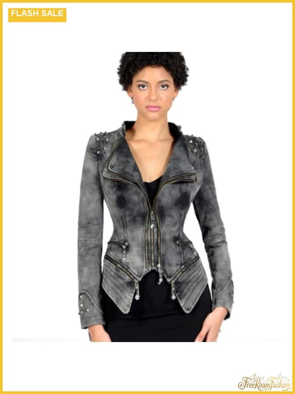 Washed Denim Tailcoat Jacket Detachable Hem Punk Moto Women's